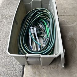 Hoses, Sprinklers,, Bin And 2 Hose Box Reels.