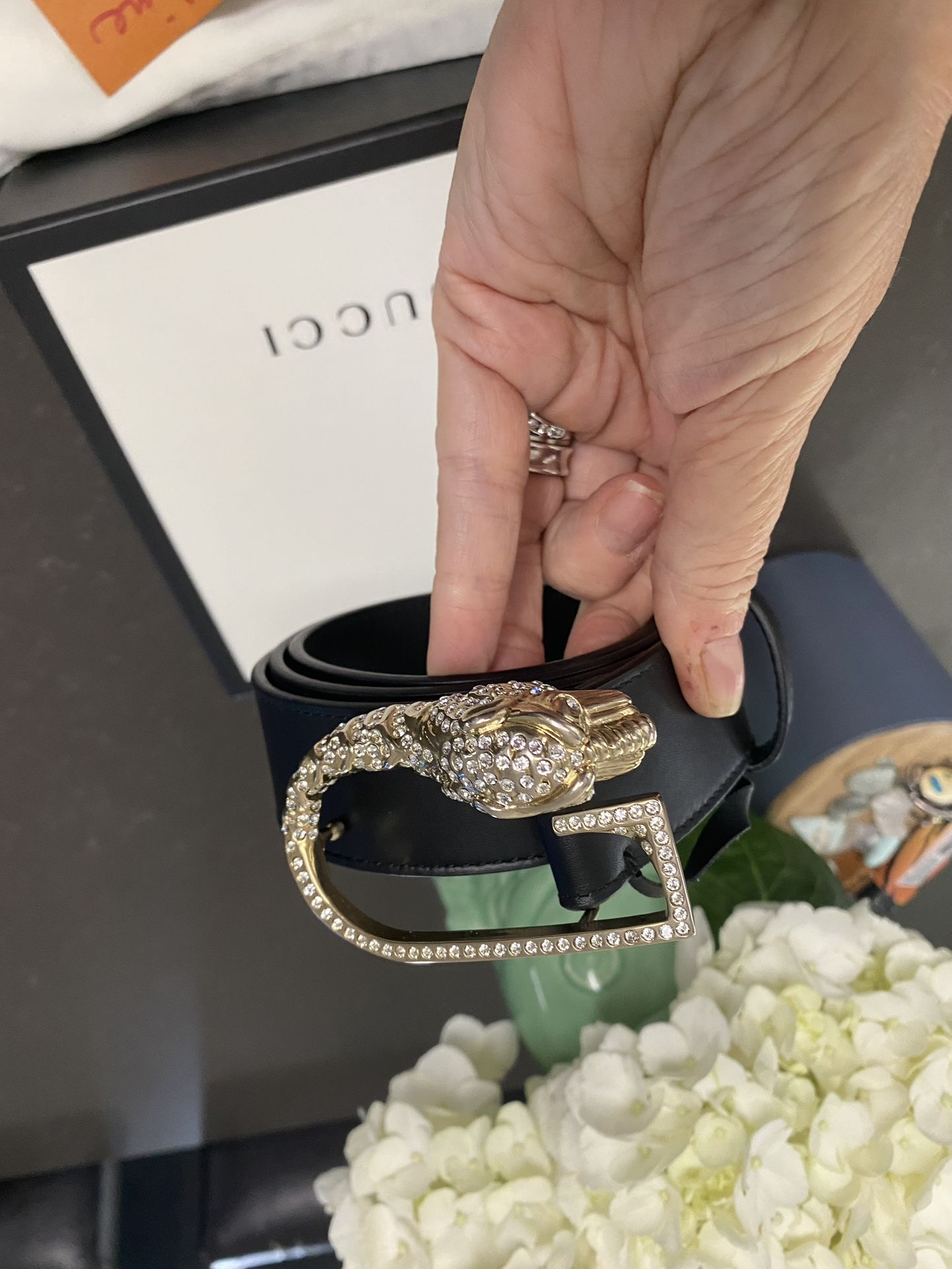 Authentic Gucci Crystal Tiger G Belt, Ret $680 Near New 32-36” Waist 