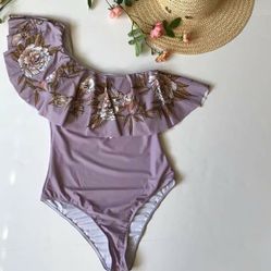 one piece off shoulder ruffled lavender swimsuit