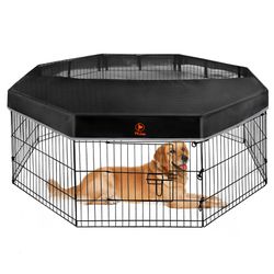 Dog Playpen - Metal Foldable Dog Exercise Pen, Pet Fence Puppy Crate Kennel Indoor Outdoor With 8 Panels 24”H & Top Cover For Small Medium Pets With T