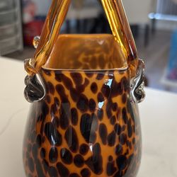 Vintage Murano Style Glass Cheetah Purse/Vase with Handle