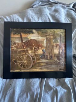 ANTIQUE OIL PAINTING COUNTRYSIDE WATER WELL SCENE