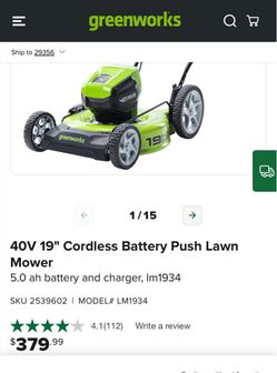 Cordless lawnmower 40V 19" Cordless Battery Push Lawn Mower: 5.0 Ah Battery and Charger, LM1934 with 2 batteries, and a charger Used a couple of times
