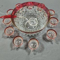 Vintage Red Rim Glass Punch Bowl Set w/ Ladle &  Cups