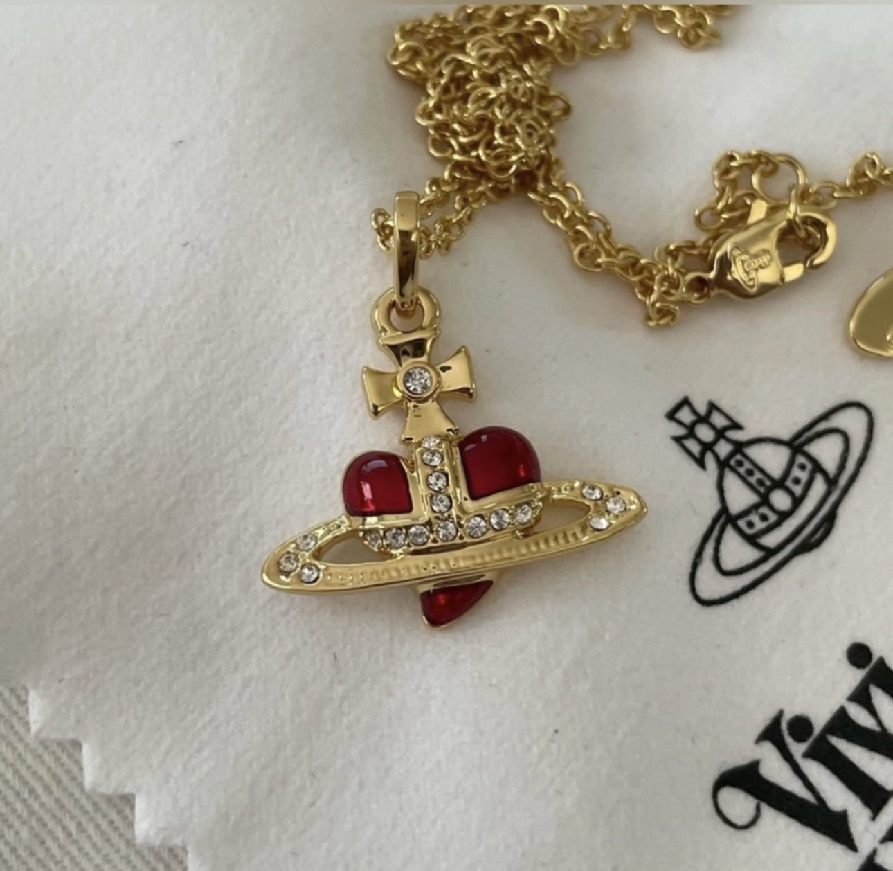 Vivienne Westwood Red Heart Style Saturn Planet Gold Pendant Chain Necklace (Retail $240)