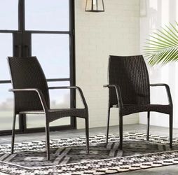 Outdoor PE Wicker Stacking Patio Chairs,All-Weather Armchair with armrests for Garden, Patio, Deck, Yard, Poolside,Set of 2,Multibrown
