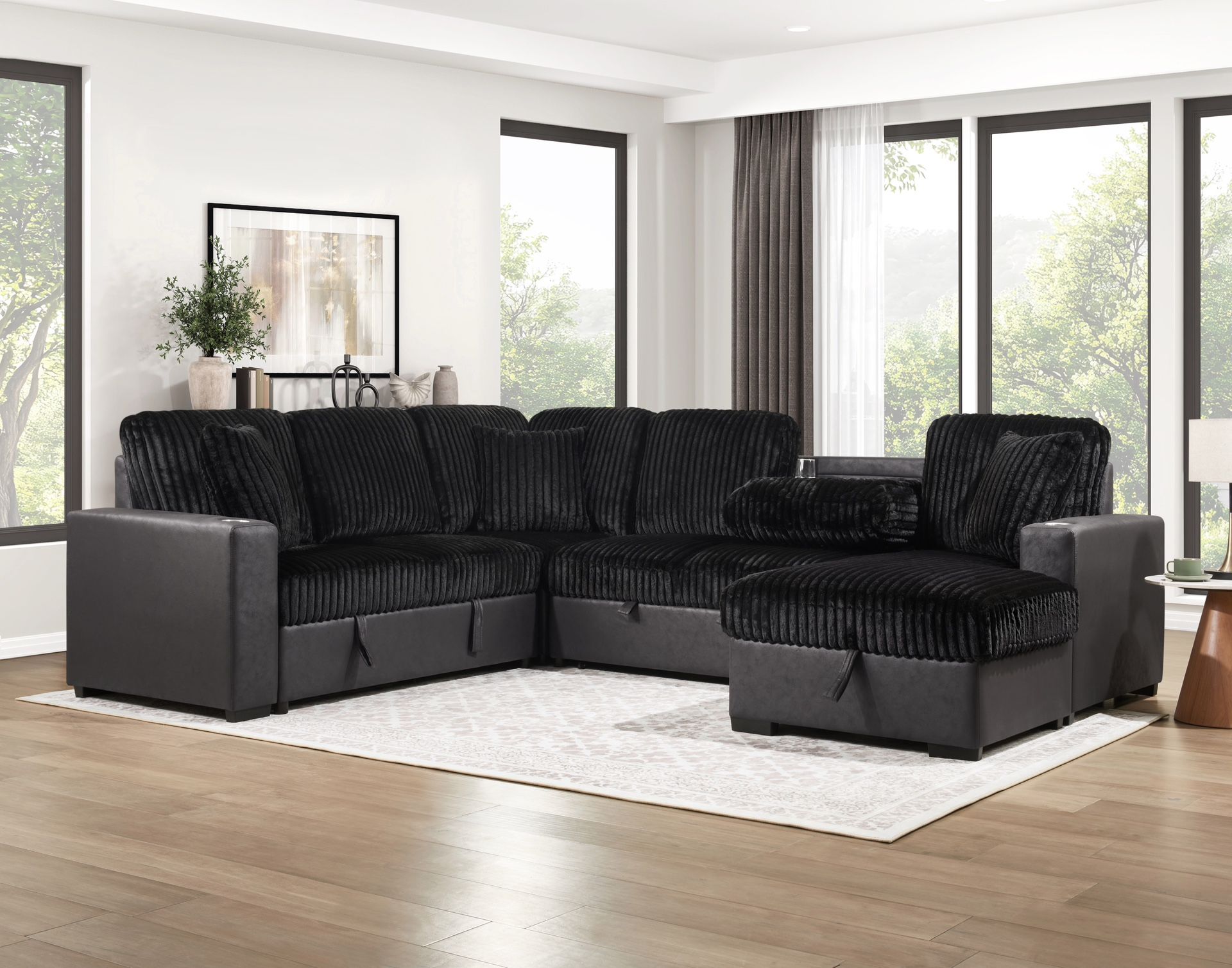 All New Corduroy Sectional Sleeper With Storage And USB Brown Or Black Available 