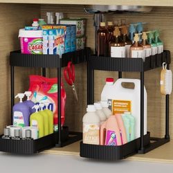 Multi-Purpose Pull-Out Storage Organizers, Under Sink/Cabinet Organizers and Storage for Bathroom & Kitchen, Black, 12.8 Inches, 2 Packs