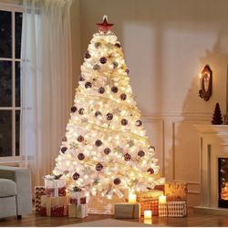 7.5ft Pre-lit Spruce Artificial Hinged Christmas Pine Tree Prelighted Holiday Xmas Tree for Home Party Decoration with 550 Warm White Lights and 1354 