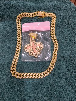 Iced Out Cuban Link Chain with Fleur-de-Lis Pendant