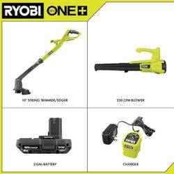 RYOBI ONE+ 18V Cordless String Trimmer/Edger and Blower/Sweeper Combo Kit (2-Tools) with 2.0 Ah Battery and Charger