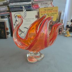 Chalet Lorraine MCM Curly Tip Art Glass Orange Swan Centerpiece Bowl Vintage