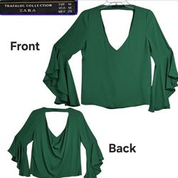 ZARA Trafaluc Collection Top Blouse Women M Kelly Green V Neck Flutter Sleeves