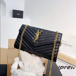 Designer YS PARIS Logo Gold Label Chain Strap Quilted Grained Leather Shoulder Crossbody Bag Women's Black