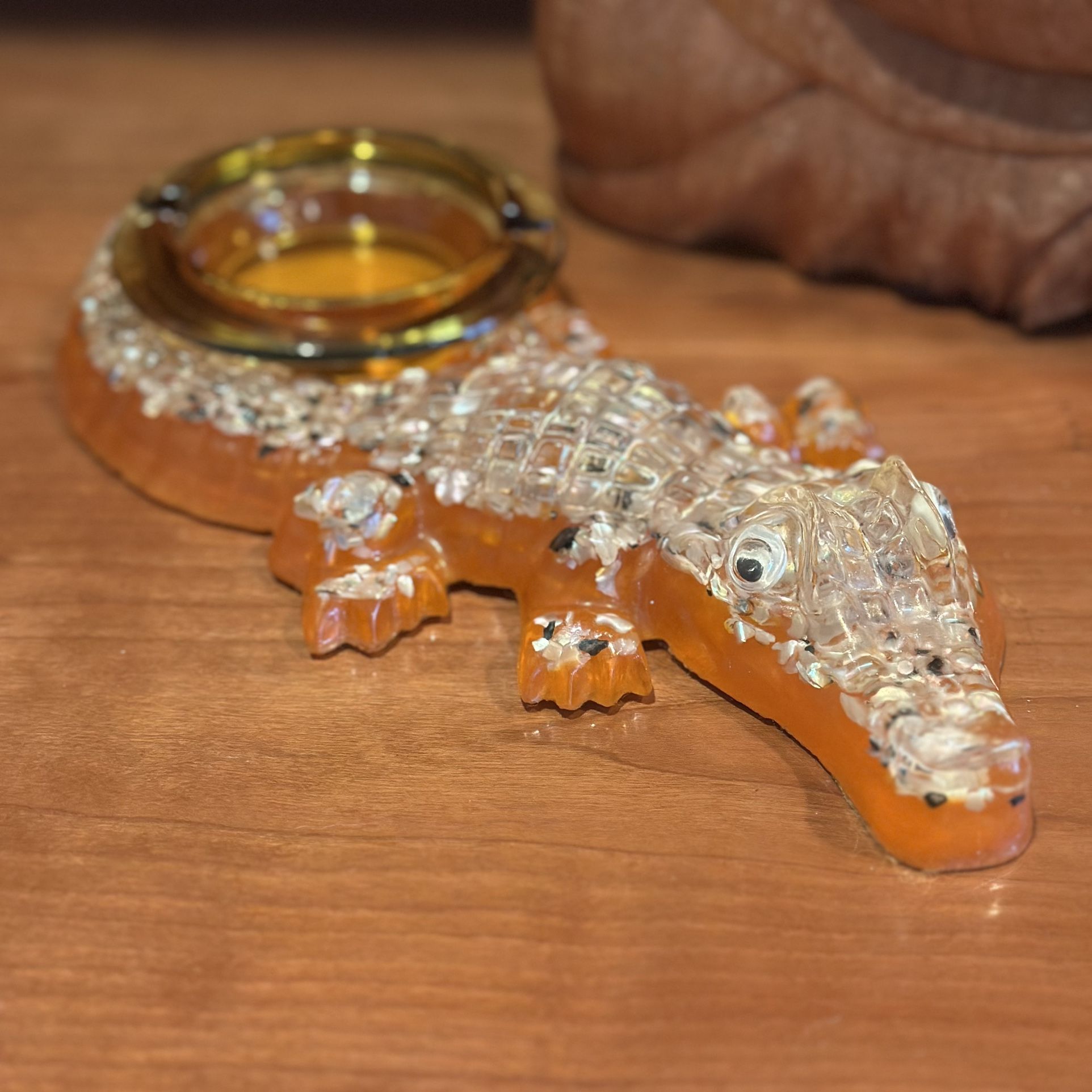 Vintage Orange Lucite and Abalone Shell Alligator / Crocodile Ashtray