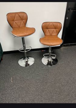 Set of 2 Adjustable Swivel Bar Stools – Brown Faux Leather Counter Height Chairs