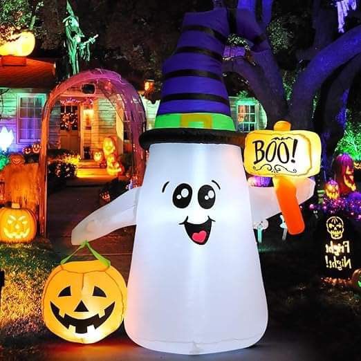 5 FT Halloween Inflatables Ghost Outdoor Decorations Blow Up Yard Cute Wizard Ghost with Pumpkin with Built-in LEDs
