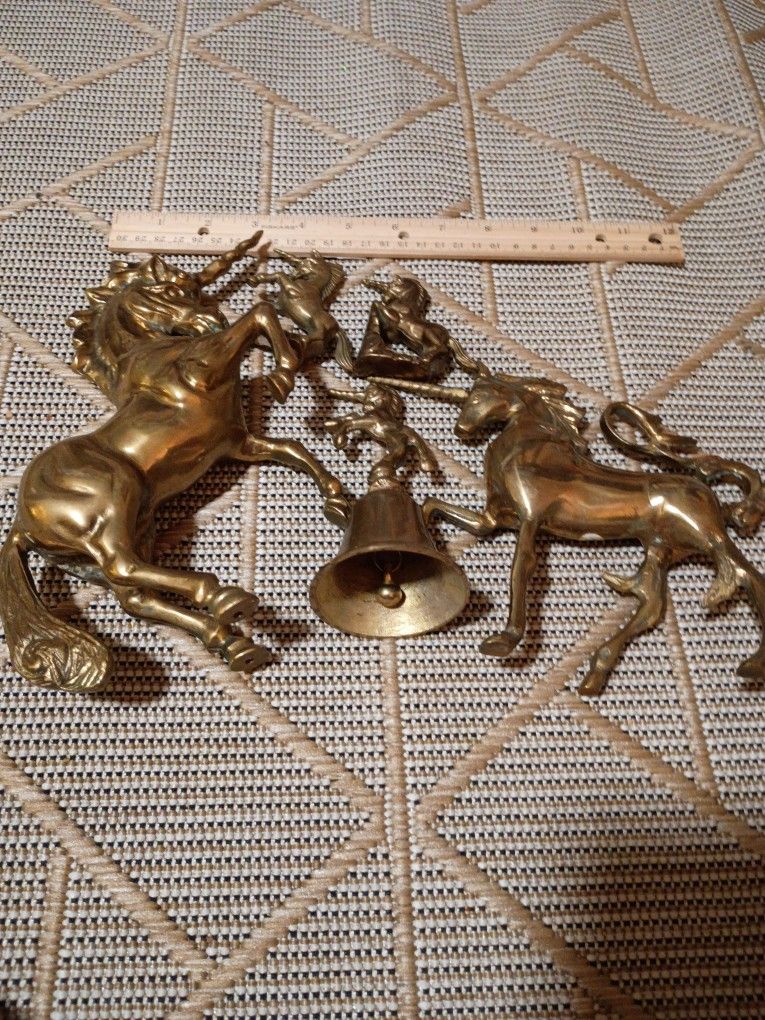 Solid Brass Unicorn 5 Figurine Collection Bell 3" Pair 9" And 6"