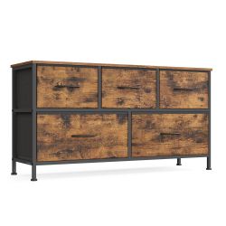 SONGMICS Dresser for Bedroom, Chest of Drawers, Steel, MDF, 5 Non-Woven Fabric Drawers, Storage Organizer Unit, Closet, Entryway, Rustic Brown and Ink