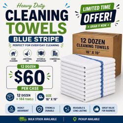 Cleaning Towels – 16x19 Blue Stripe | 144 Towels / 12 Dozen – $60 Case