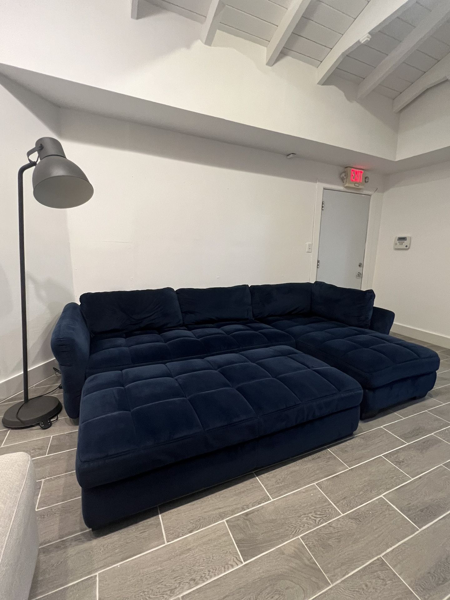 Sectional Sofa Blue Velvet Couch + Ottoman Elegant And Comfy FREE DELIVERY