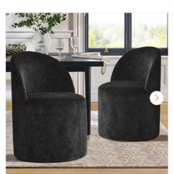 LAOTIES Black Chenille Upholstered Barrel Dining Chair with Castors (Set of 2)