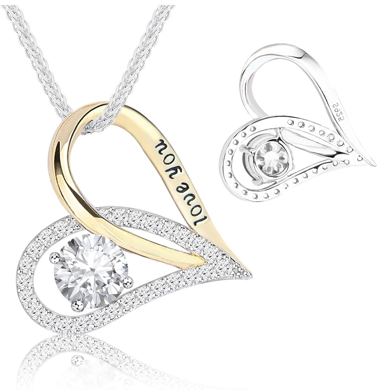 S925 Sterling Silver Two‑Tone Gold Heart Pendant Necklace | 18″+2″ Adjustable Necklace for Women with Bonus S925 Silver Two‑Tone Chain