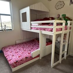 Twin Over Full Wooden Bunk Bed with Playhouse and Window, House Bunk Bed with Roof for KidsTeens,