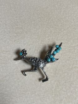 Vintage Road Runner Bird Pin  Brooch  Silver Tone Turquoise