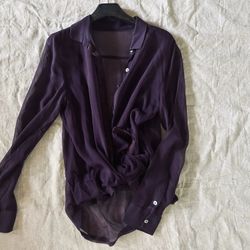 Designer 100% Silk Blouse L – Unique Asymmetrical Tie-Waist Design