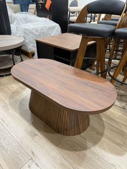 Oval Fluted Pedestal Coffee Table, Mid-Century Modern Small Coffee Table for Living Room Office (Walnut 1)