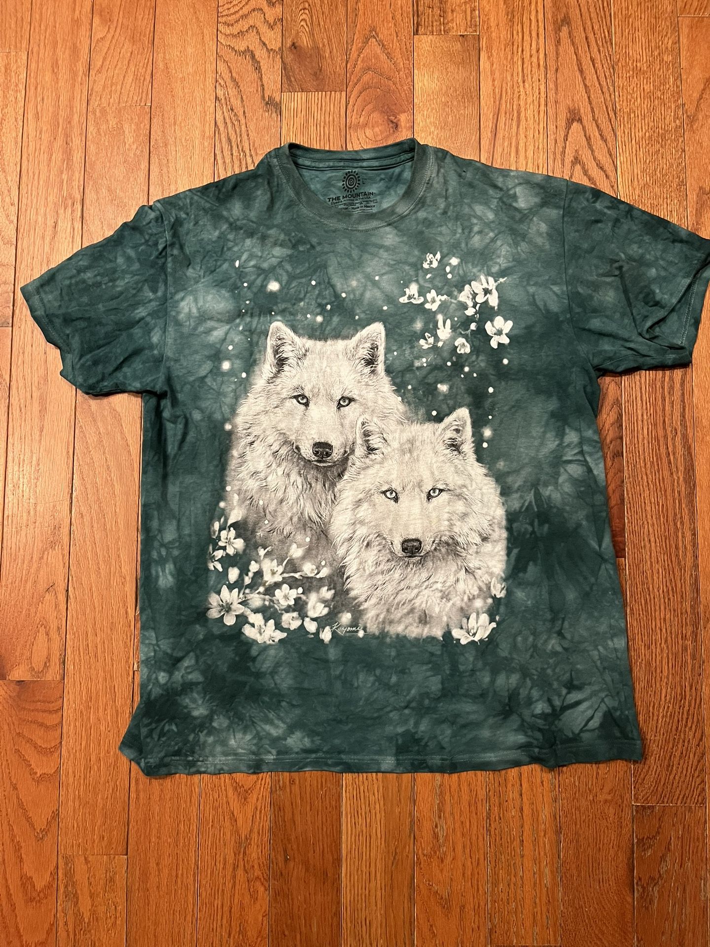 The Mountain Y2K White Wolf Husky Dog Flowers Adult Mens Large Tie Dye T-Shirt