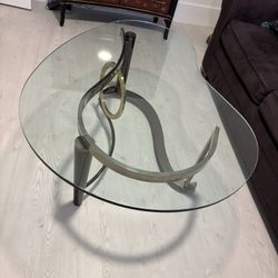 Gorgeous kidney shaped MCM vintage coffee cocktail table with glass top & gray silver & gold metal base.  Now Only $150  Not Negotiable.   