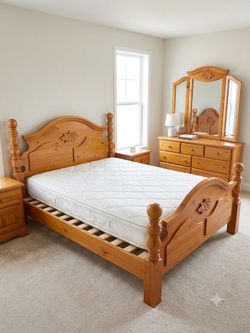 Solid Wood Bedroom Furniture Set - Headboard, Dresser, Mirror, & Nightstand