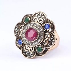 Ethnic Stones Gold Flower Ring