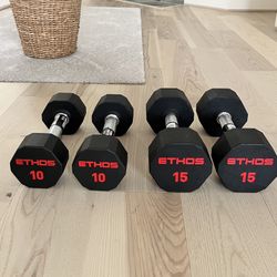 Move out sale: Unused Dumbells- ETHOS Rubber Hex – 10 & 15 lb Pairs – 50 lbs