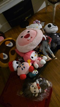 Tub full of plushies, hello kitty, animal crossing jack skelington