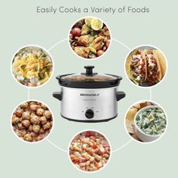 NEW IN BOX ELITE Gourmet Electric Oval Slow Cooker, Adjustable Temp, Entrees, Sauces, Stews & Dips, Dishwasher Safe Glass Lid & Crock (2 Quart, )