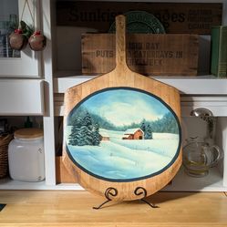 Vintage Cottagecore Hand Painted Winter Barn Scene Wall Hanging Decor