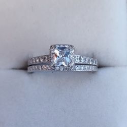 Sterling silver  wedding & engagement Halo Cushion Cut  ring set.