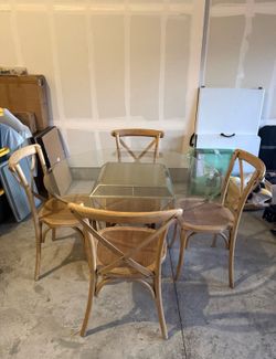 Gold Mirror Glass Dining Table Set With 4 Wooden Chairs
