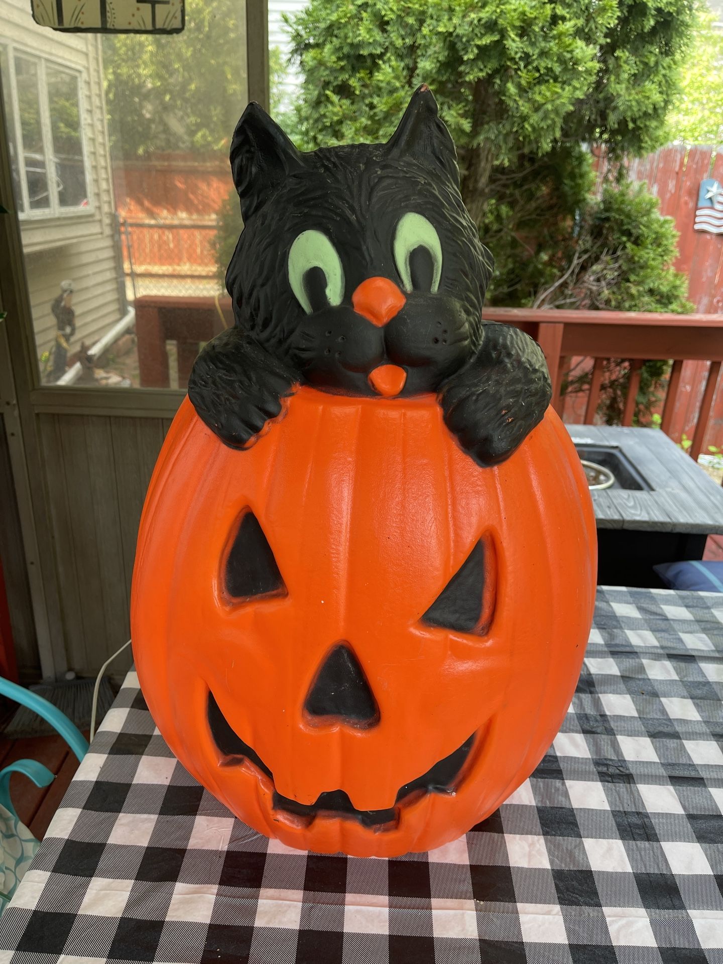 Vintage Halloween Blow Mold Black Cat in Pumpkin EMPIRE