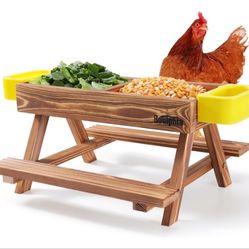 Chicken Feeders and Waterers, Chicken Feeder No Waste Kit with Picnic Table and 2 Water Feeder, Handmade Wooden Chicken Supplies & Accessories for Chi