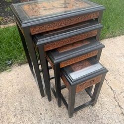 Vintage Asian Carved Wood Nesting Tables Set of 4 w/ Glass Tops Chinese Style