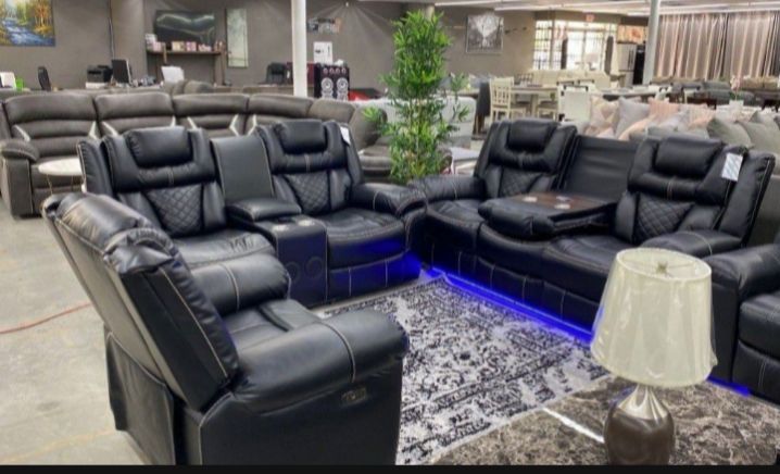 New Encore Power Sofa And Loveseat With Reclining Chair USB Ports And Blue Tooth Speakers 