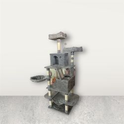 Cat Tree, 66.1 Inch Large Cat Tower with 13 Scratching Posts, 2 Perches, 2 Caves, Basket, Hammock, Pom Poms, Multi-Level Plush Cat Condo