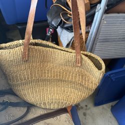 Boho Vtg Jute Tote Market Bag Art Woven Raffia Bucket Basket W/Leather 12x10x8”