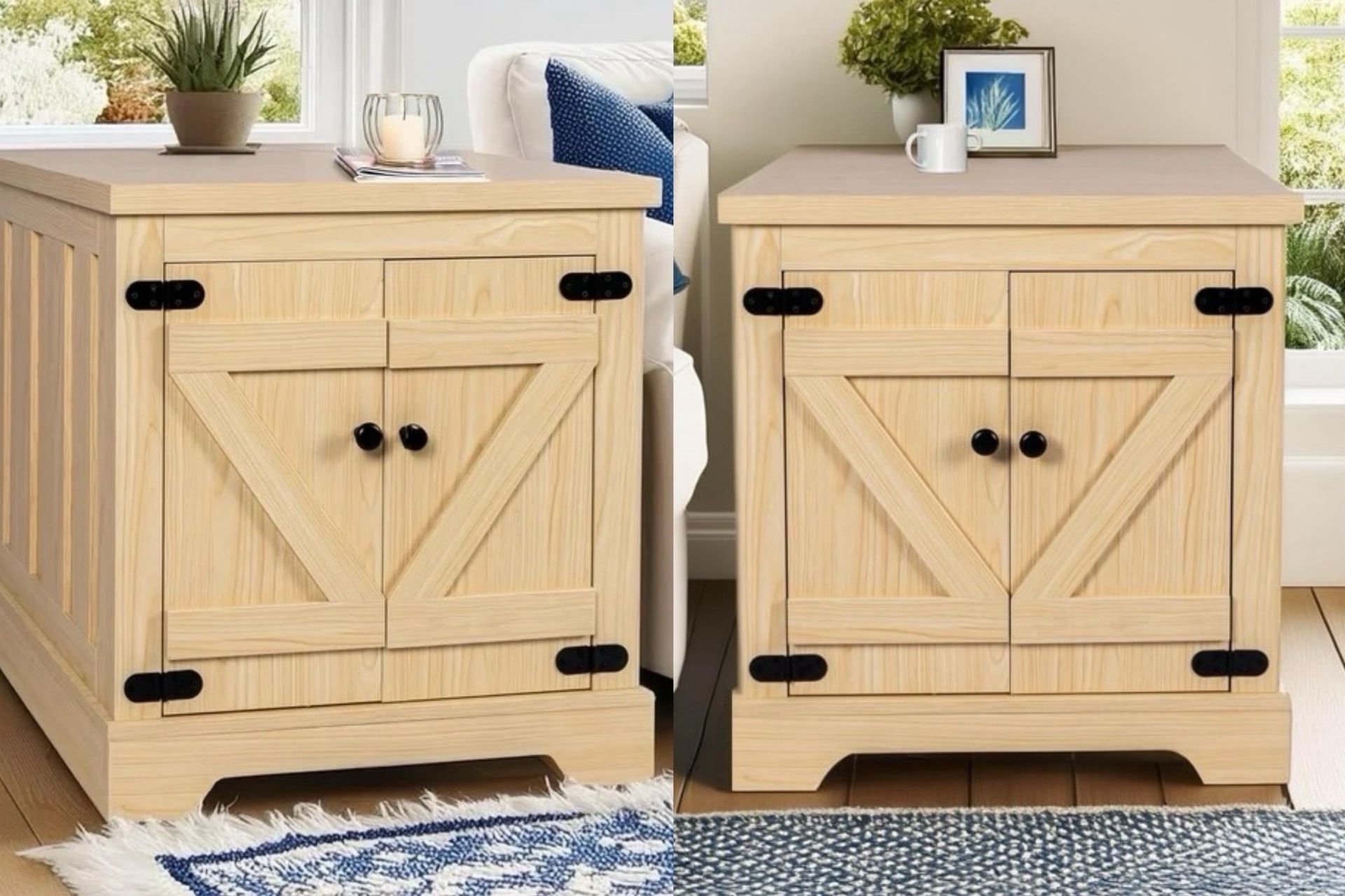 Set of 2 End Tables with Charging Station,25" Farmhouse Wooden Sofa Side Table with Storage,Square Adjustable Shelf End Table