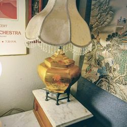 Antique Hand Etched Handpainted Brass Table Lamp On A Cast Iron Stand 