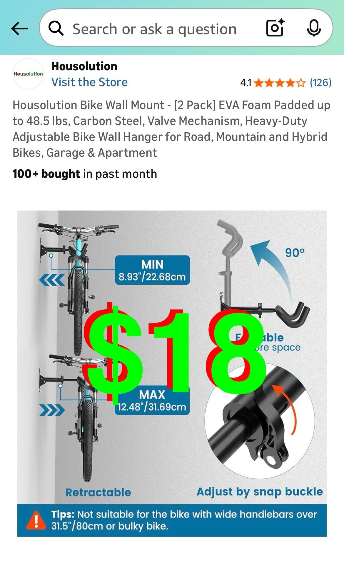 Bike Wall Mount - [2 Pack] EVA Foam Padded up to 48.5 lbs, Carbon Steel, Valve Mechanism, Heavy-Duty Adjustable Bike Wall Hanger for Road,